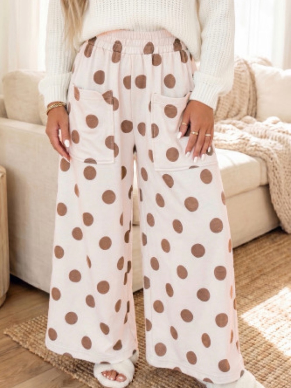 Polka Dot Wide-Leg Lounge Pants - Cream with Brown Dots
